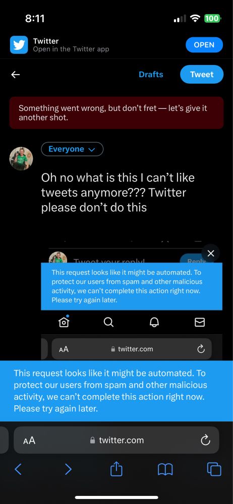 Photo that shows error after error after error about me posting and liking things on Twitter