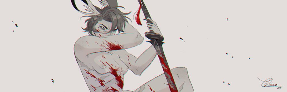 A transmasc viera engaged in combat. He is covered in blood and shirtless, his long sword stabbed into something off screen as he scowls in disgust. There is blood splattered upon him.