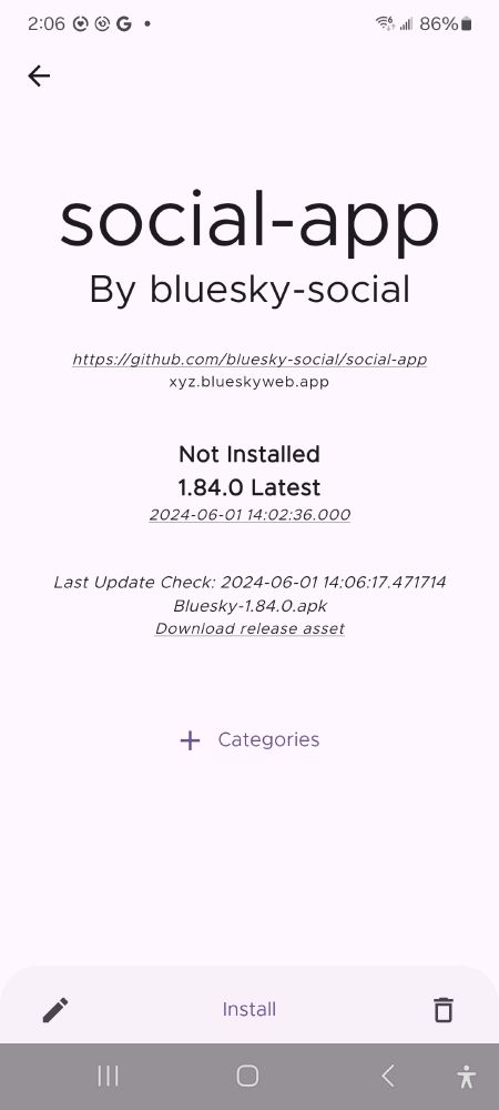 A screenshot of Obtanium, showing the Bluesky app being available for installation.