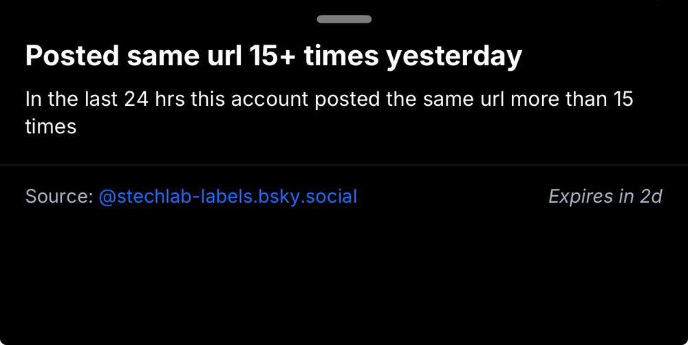 a label saying “posted the same url 15+ times yesterday”