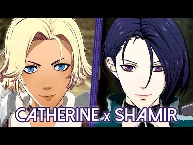 Face profiles for Catherine (right) and Shamir (left) from Fire Emblem: Three Houses (2019) and Fire Emblem Warriors: Three Hopes (2022). Caption reads “Catherine x Shamir”.