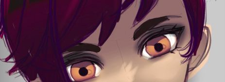 A coloured sketch depicting two amber-coloured eyes framed on top with red hair hanging loosely