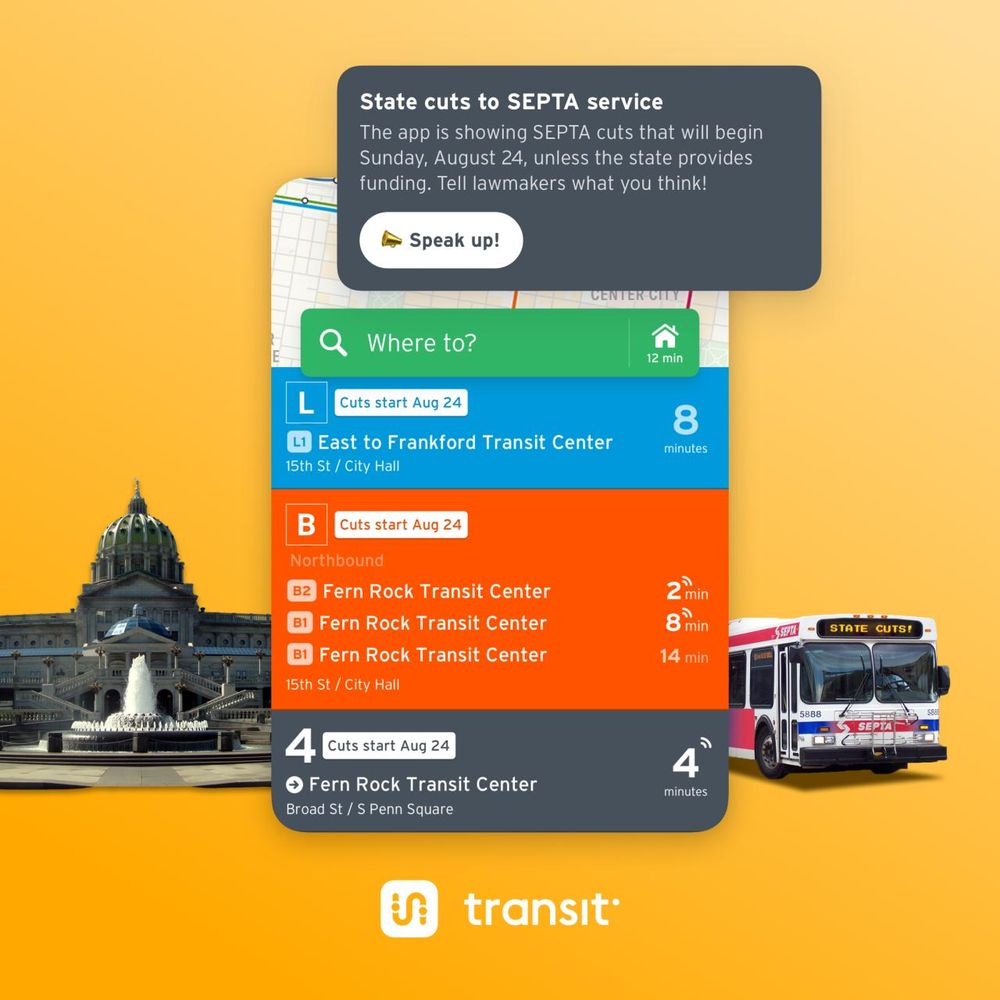 Collage on yellow gradient. In background is PA state capitol building and SEPTA Bus with a "State cuts!" headway sign. In foreground is Transit app main menu interface featuring lines with "Cuts start Aug 24" notes, along with an enlarged view of the Network Preview prompt from the settings floating on top.