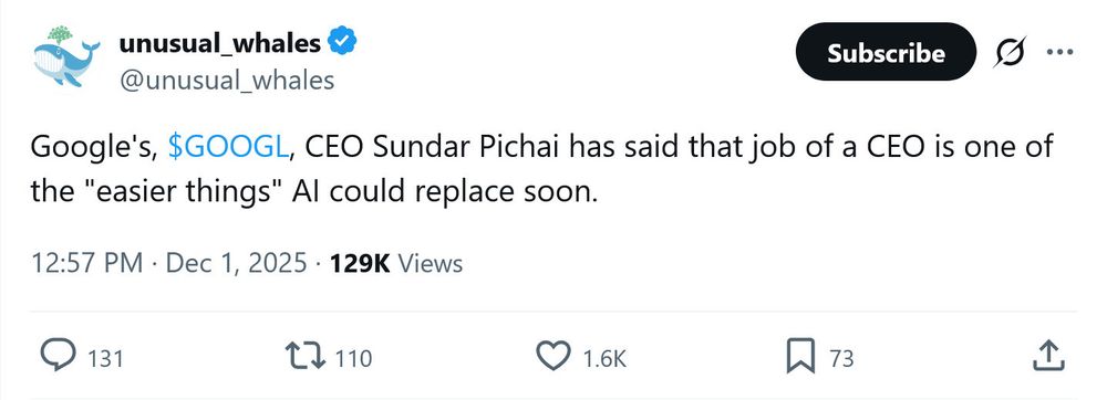 "Google's, $GOOGL, CEO Sundar Pichai has said that job of a CEO is one of the "easier things" Al could replace soon."

라고 쓰인 쓰레드 게시물 캡춰.

구글의 CEO 순다르 피차이가 'CEO가 AI가 대체할 수 있는 가장 쉬운 직업 중 하나'이고 곧 대체될 것이라고 말했다고 하는 내용.