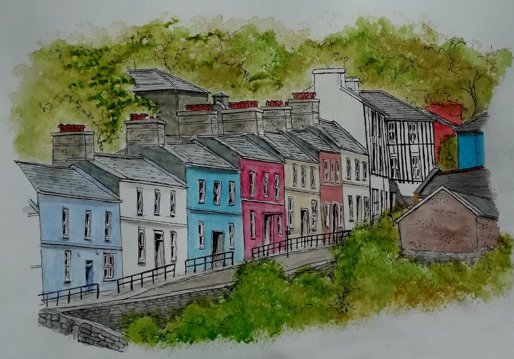 Colourful houses, Llandeilo - steep street with trees 