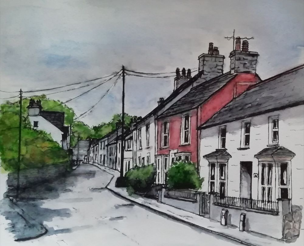 Watercolour Newport Pembs houses red house trees shrubs power cables 