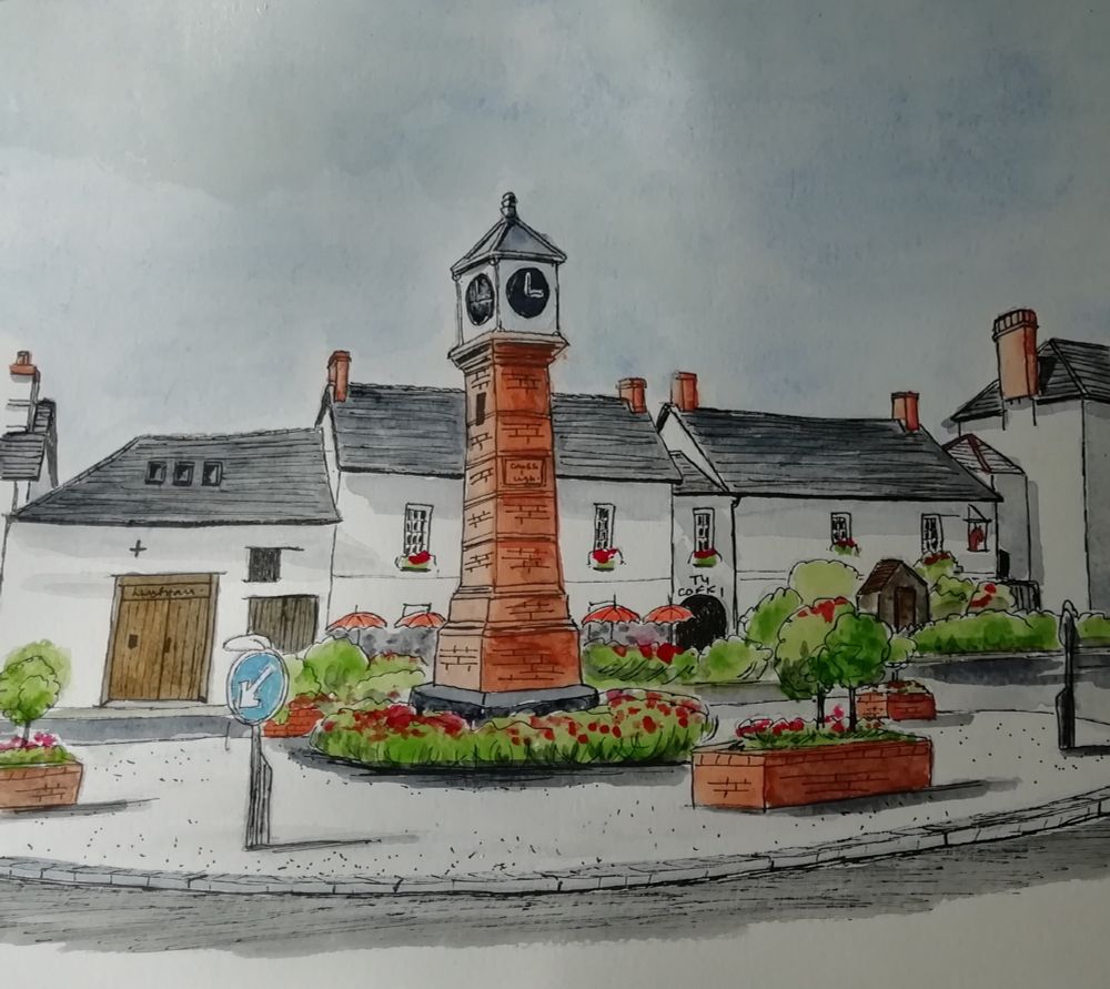 Usk town clock flowers buildings