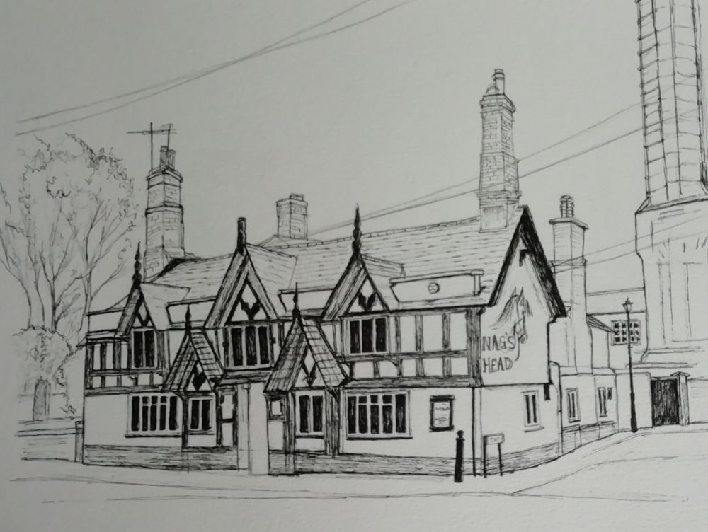 Ink drawing Nag's Head Wrexham 