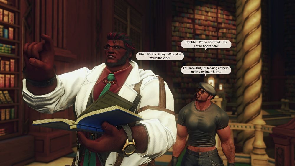 Niko the Highlander complains about the library him and Thoryn the Hellsguard are in. "Ughhhh... I'm so bored... It's just all books here!" Niko whined. Thoryn is surprised Niko expected anything different. "Niko... It's the Library... What else would there be?" Thoryn posited. "I dunno... but just looking at them makes my brain hurt..." Niko griped in response.