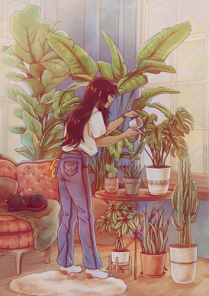An illustration featuring Rem Saverem. She is standing amidst a room filled with plants, one she is currently watering. Her back is somewhat turned to the viewer. A couch is placed on the left hand side, kuroneko is sleeping on it. 