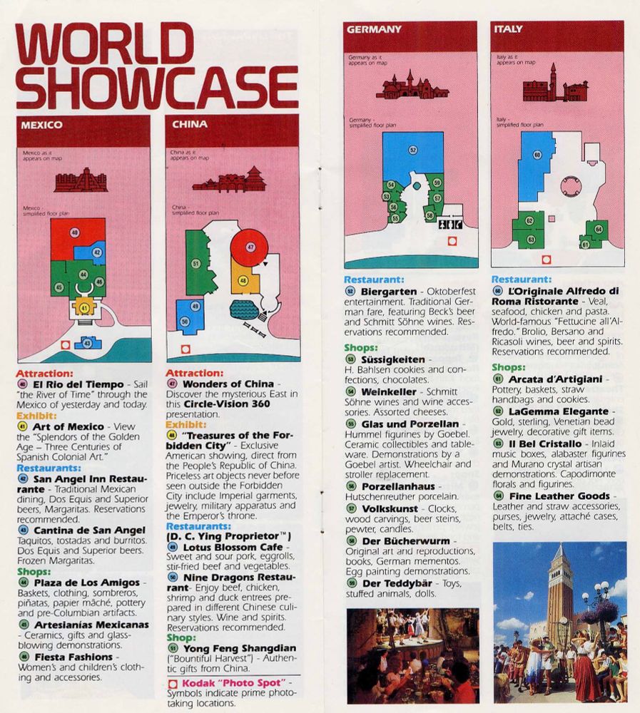 The first two pages of the World Showcase section of a mid-1986 EPCOT Center guide book, featuring the Mexico, China, Germany, and Italy pavilions.