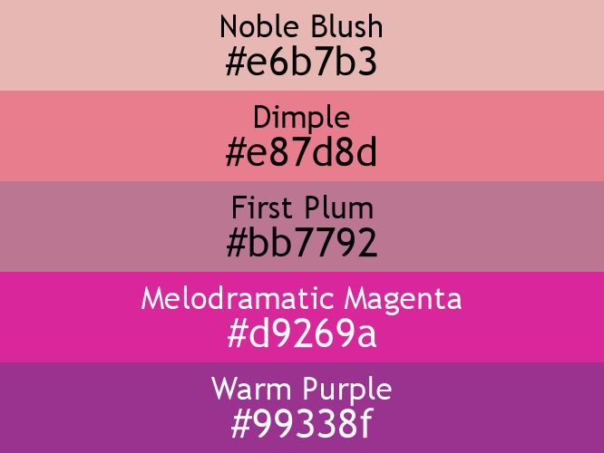 a block of five horizontal color swatches in Noble Blush (#e6b7b3), Dimple (#e87d8d), First Plum (#bb7792), Melodramatic Magenta (#d9269a), and Warm Purple (#99338f).