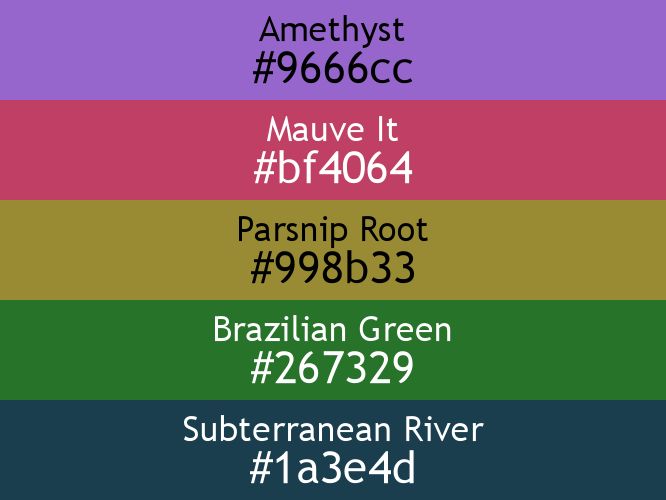 a block of five horizontal color swatches in Amethyst (#9666cc), Mauve It (#bf4064), Parsnip Root (#998b33), Brazilian Green (#267329), and Subterranean River (#1a3e4d).