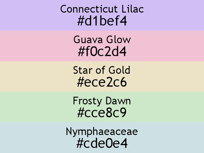a block of five horizontal color swatches in Connecticut Lilac (#d1bef4), Guava Glow (#f0c2d4), Star of Gold (#ece2c6), Frosty Dawn (#cce8c9), and Nymphaeaceae (#cde0e4).