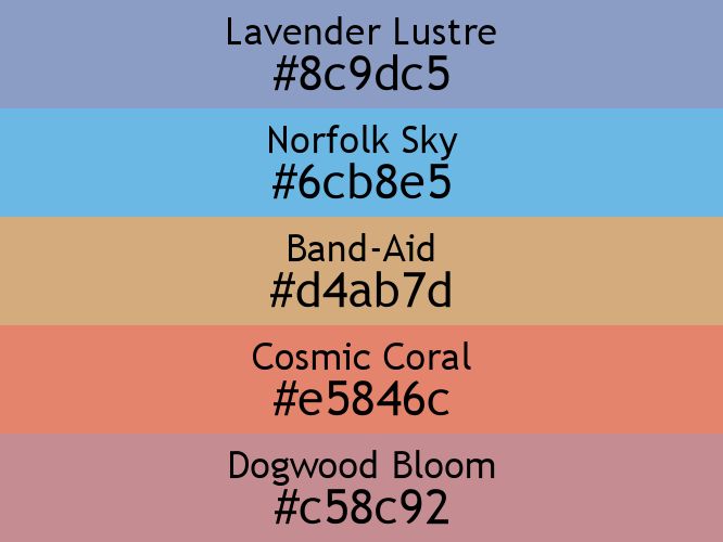 a block of five horizontal color swatches in Lavender Lustre (#8c9dc5), Norfolk Sky (#6cb8e5), Band-Aid (#d4ab7d), Cosmic Coral (#e5846c), and Dogwood Bloom (#c58c92).
