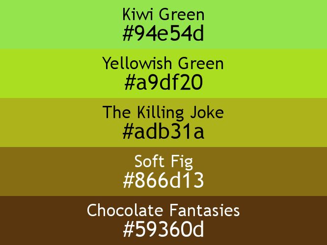 a block of five horizontal color swatches in Kiwi Green (#94e54d), Yellowish Green (#a9df20), The Killing Joke (#adb31a), Soft Fig (#866d13), and Chocolate Fantasies (#59360d).