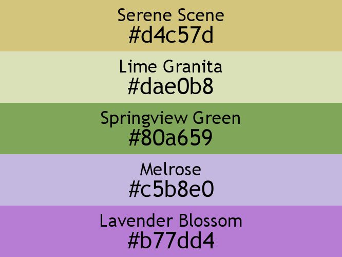 a block of five horizontal color swatches in Serene Scene (#d4c57d), Lime Granita (#dae0b8), Springview Green (#80a659), Melrose (#c5b8e0), and Lavender Blossom (#b77dd4).