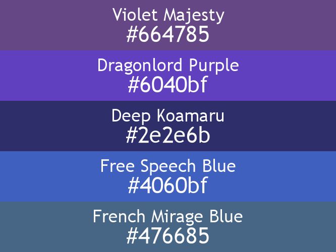 a block of five horizontal color swatches in Violet Majesty (#664785), Dragonlord Purple (#6040bf), Deep Koamaru (#2e2e6b), Free Speech Blue (#4060bf), and French Mirage Blue (#476685).