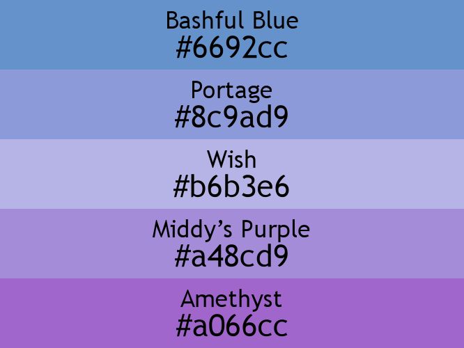 a block of five horizontal color swatches in Bashful Blue (#6692cc), Portage (#8c9ad9), Wish (#b6b3e6), Middy’s Purple (#a48cd9), and Amethyst (#a066cc).