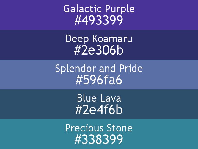 a block of five horizontal color swatches in Galactic Purple (#493399), Deep Koamaru (#2e306b), Splendor and Pride (#596fa6), Blue Lava (#2e4f6b), and Precious Stone (#338399).