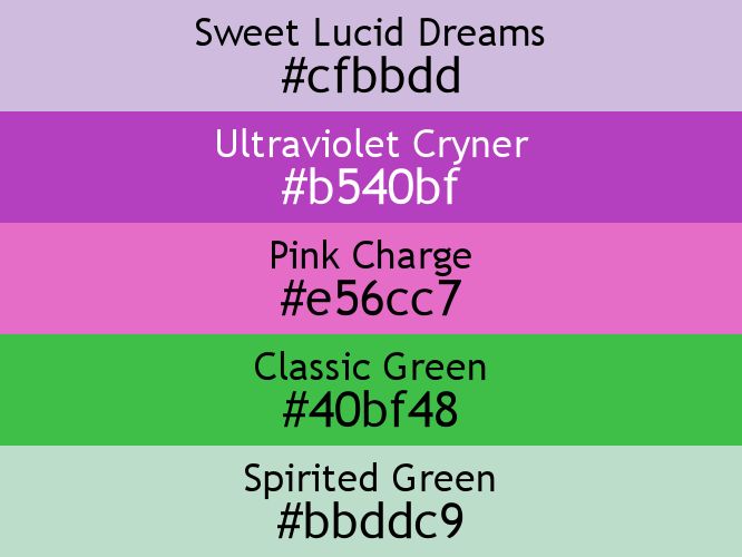 a block of five horizontal color swatches in Sweet Lucid Dreams (#cfbbdd), Ultraviolet Cryner (#b540bf), Pink Charge (#e56cc7), Classic Green (#40bf48), and Spirited Green (#bbddc9).