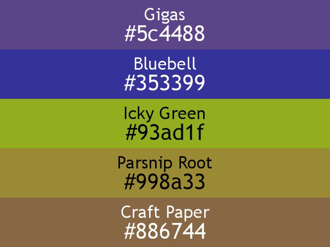 a block of five horizontal color swatches in Gigas (#5c4488), Bluebell (#353399), Icky Green (#93ad1f), Parsnip Root (#998a33), and Craft Paper (#886744).