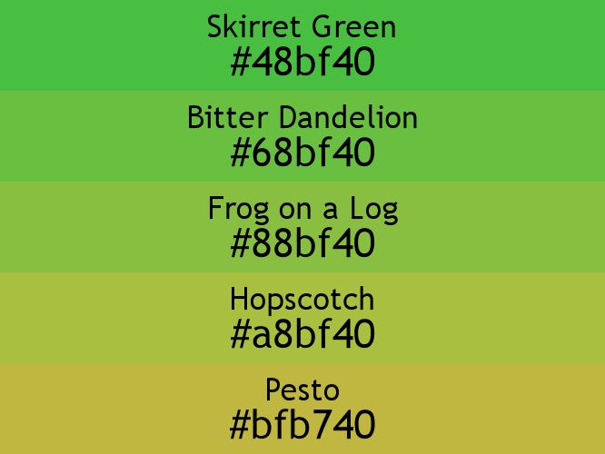 a block of five horizontal color swatches in Skirret Green (#48bf40), Bitter Dandelion (#68bf40), Frog on a Log (#88bf40), Hopscotch (#a8bf40), and Pesto (#bfb740).