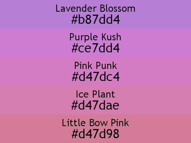 a block of five horizontal color swatches in Lavender Blossom (#b87dd4), Purple Kush (#ce7dd4), Pink Punk (#d47dc4), Ice Plant (#d47dae), and Little Bow Pink (#d47d98).