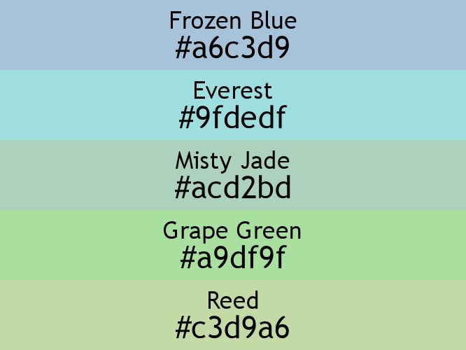 a block of five horizontal color swatches in Frozen Blue (#a6c3d9), Everest (#9fdedf), Misty Jade (#acd2bd), Grape Green (#a9df9f), and Reed (#c3d9a6).