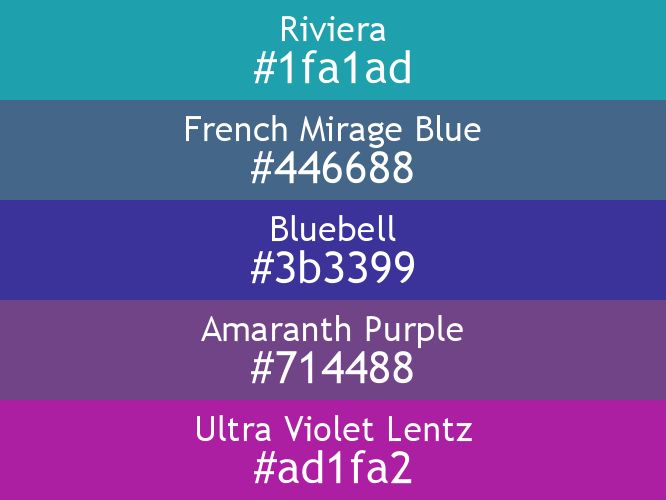 a block of five horizontal color swatches in Riviera (#1fa1ad), French Mirage Blue (#446688), Bluebell (#3b3399), Amaranth Purple (#714488), and Ultra Violet Lentz (#ad1fa2).