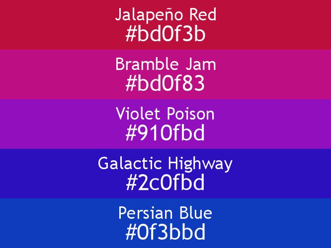 a block of five horizontal color swatches in Jalapeño Red (#bd0f3b), Bramble Jam (#bd0f83), Violet Poison (#910fbd), Galactic Highway (#2c0fbd), and Persian Blue (#0f3bbd).