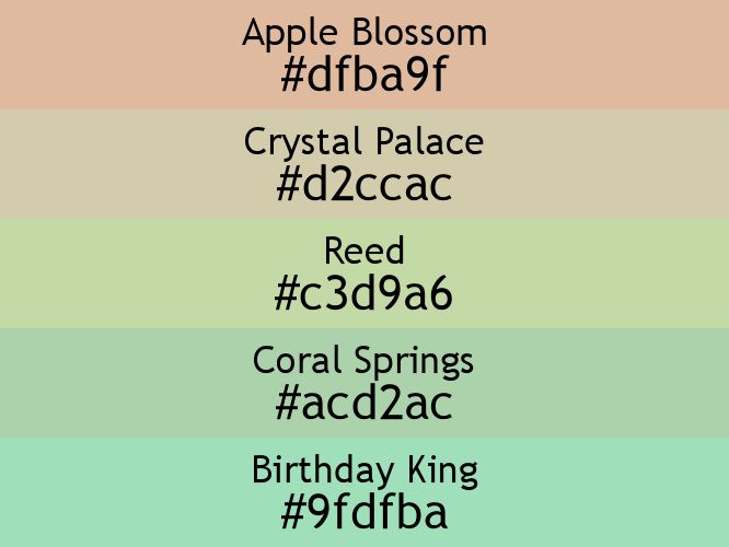 a block of five horizontal color swatches in Apple Blossom (#dfba9f), Crystal Palace (#d2ccac), Reed (#c3d9a6), Coral Springs (#acd2ac), and Birthday King (#9fdfba).