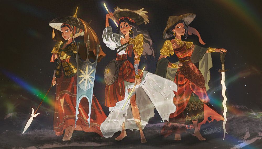 Three filipino warriors dressed in armor isnpired by Mindanao, Luzon and Visayas. They are illuminated by an iridescent light