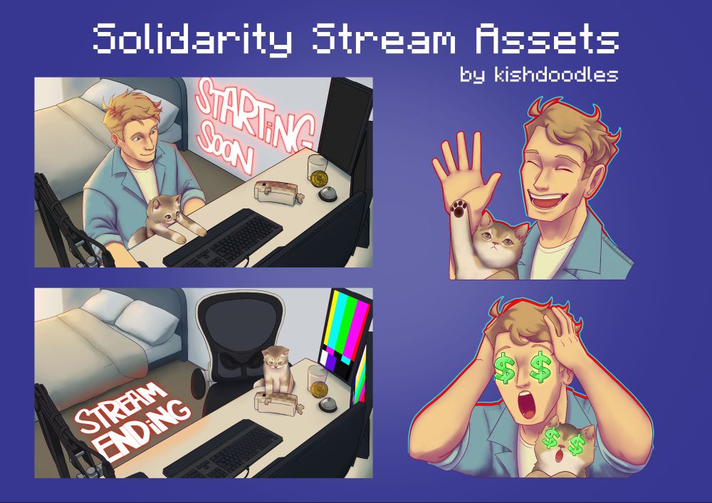 Asset compilation for SolidarityGaming. Still images of his Starting Soon (Him at his deck with a bed behind him with Norman (his cat) on his lap as it paws at the keyboard while Jimmy is using his mouse. There are other items on the table such as a cod plushie, MCC medal and call bell, alongside his regular streaming gear (Monitors, Mic stand), and his Stream Ending (with Jimmy absent and Norman poking the cod plushie, monitors showing no footage). Two images on the right of those are a bust shot of Jimmy waving along with Norman with its paw up, and another bust shot of Jimmy with a shocked face and dollar signs in his eyes, and a shocked Norman with dollar signs in its eyes as well)