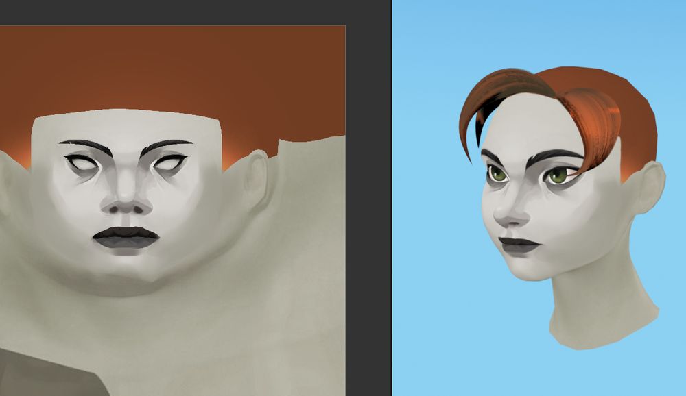 Screenshot of a 3D model of ZombieCleo's head with its texture atlas on the left of it.