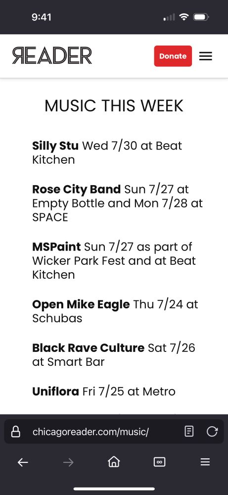 A screenshot of the listings on the music section of the Chicago Reader website.