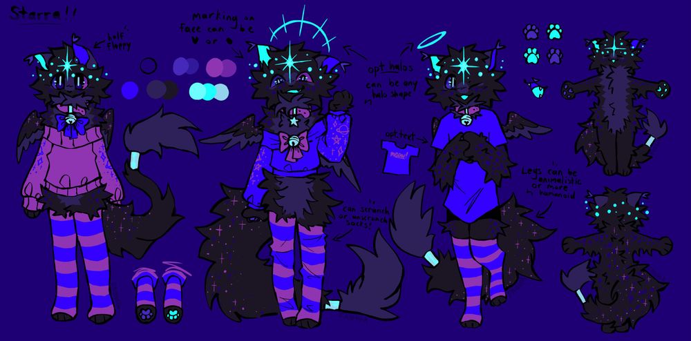 The same ref sheet but Starra now has black/dark grey fur and dark pink and purple clothes