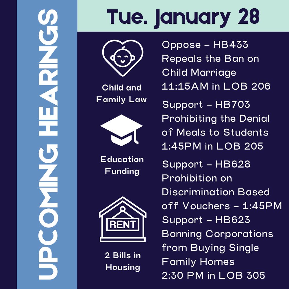 Tuesday January 28th at 11:15AM in Child & Family Law LOB206. Oppose - HB433 Repeal of the Ban on Child Marriage.
Tuesday January 28th at 1:45PM in Education Funding LOB205. Support - HB703 Prohibits denying a student meals.
Tuesday January 28th at 1:45PM in Housing LOB305. Support - HB628 Prohibits discriminating against potential tenants for holding housing vouchers.
Tuesday January 28th at 2:30PM in Housing LOB305. Support - HB623 Bans corporations from purchasing single family homes for a certain amount of time.