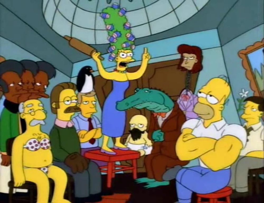 Homer's "photographic memory" of a town hall meeting wherein marge has green hair, Apu has three heads, a penguin sits atop a mans head, another mustachioed man wears a bikini, etc.