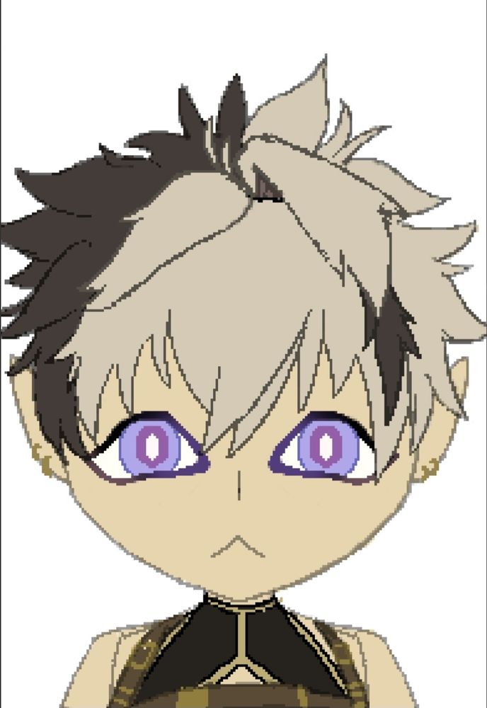 Crimzon Ruze pixel art where he looks at your soul, pleads you with puppy eyes and tries to explode you with his mimd all at once