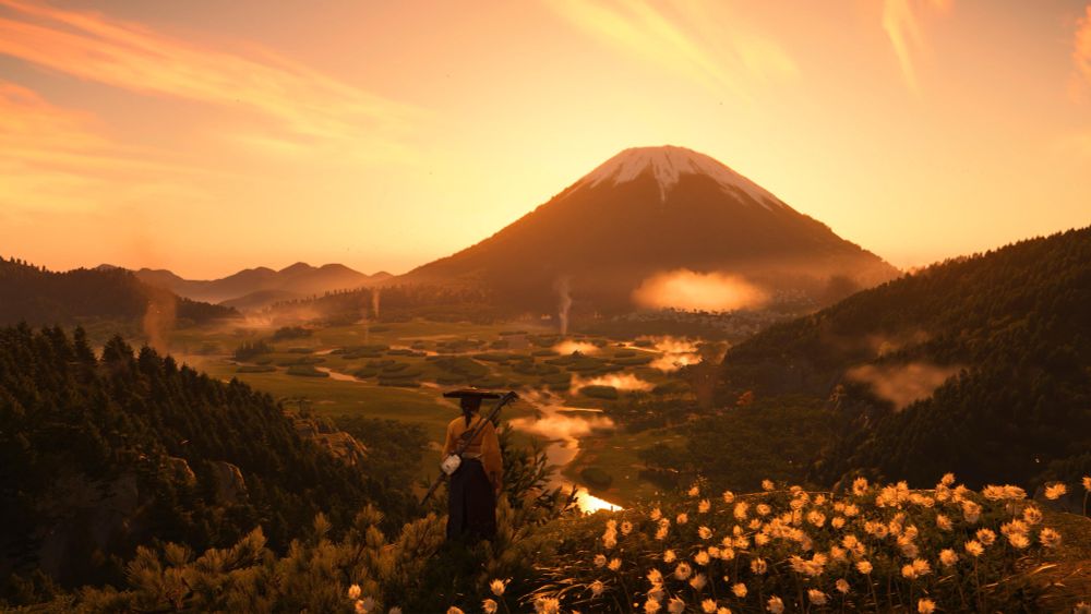 Screen de Ghost of Yōtei avec le mont Yōtei et un couché de soleil