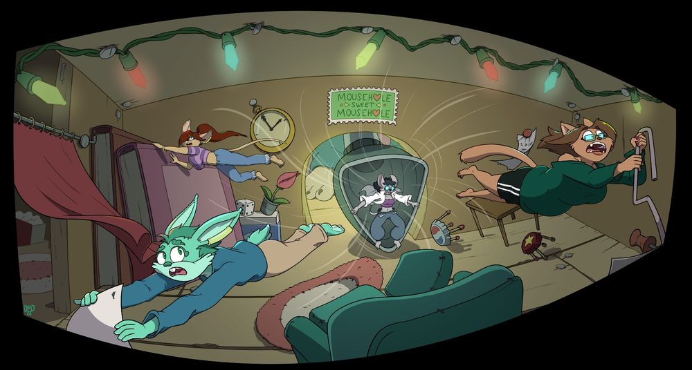 A bunch of mouse sized furry characters hiding in a mouse hole, being vaccuumed up. 