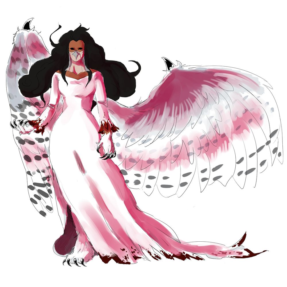 A commissioned digital art piece of Orhvey Narethkna, the Goddess of Silence in The Quiet Forest. She's wearing a white gown and a veil over Her face, partially covering the owl beak She has instead of a nose and mouth. Her hands and feet are snowy owl talons, and She has huge wings patterned after a snowy owl. The shading on Her gown and wings are red, and there are blood stains near the end of the sleeves and the bottom of Her gown where the talons cut through Her vessel's flesh. At the peak of each wing is a huge claw. She has long and thick black hair, and Her eyes are black voids.