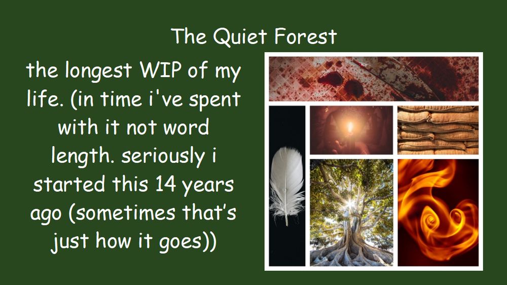 Title slide. The Quiet Forest. the longest WIP of my life. (in time i've spent with it not word length. seriously i started this 14 years ago (sometimes that’s just how it goes)). The moodboard beside the text has a bloody knife, a white feather, a burning candle, a stack of burlap sacks, a white bark tree, and an orange flame.