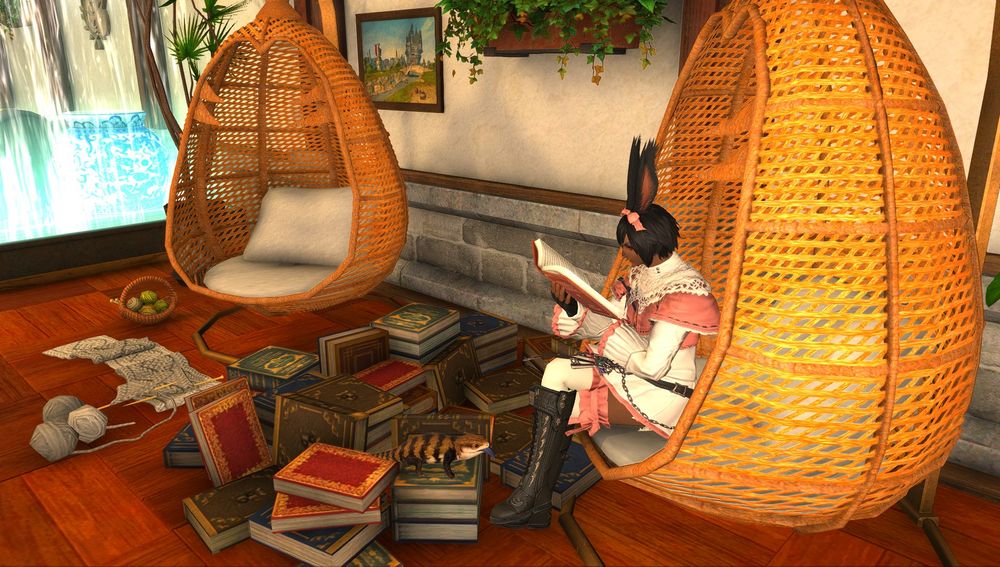 gpose of a cutely dressed male viera and a skink minion--the viera is sitting in a paisa chair reading and the skink is perched upon a stack of books