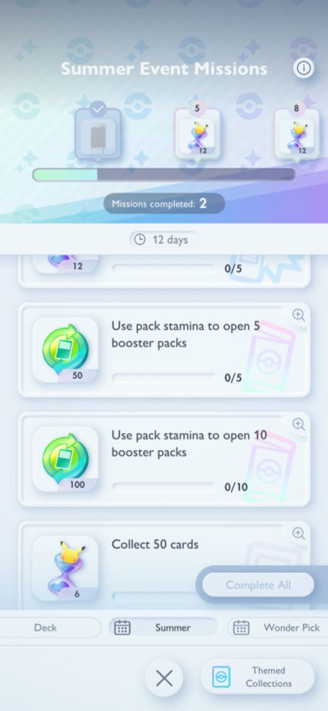 A screenshot of the current event in Pokemon TCG Pocket, showcasing multiple missions only reward the trade tokens that are about to be removed.