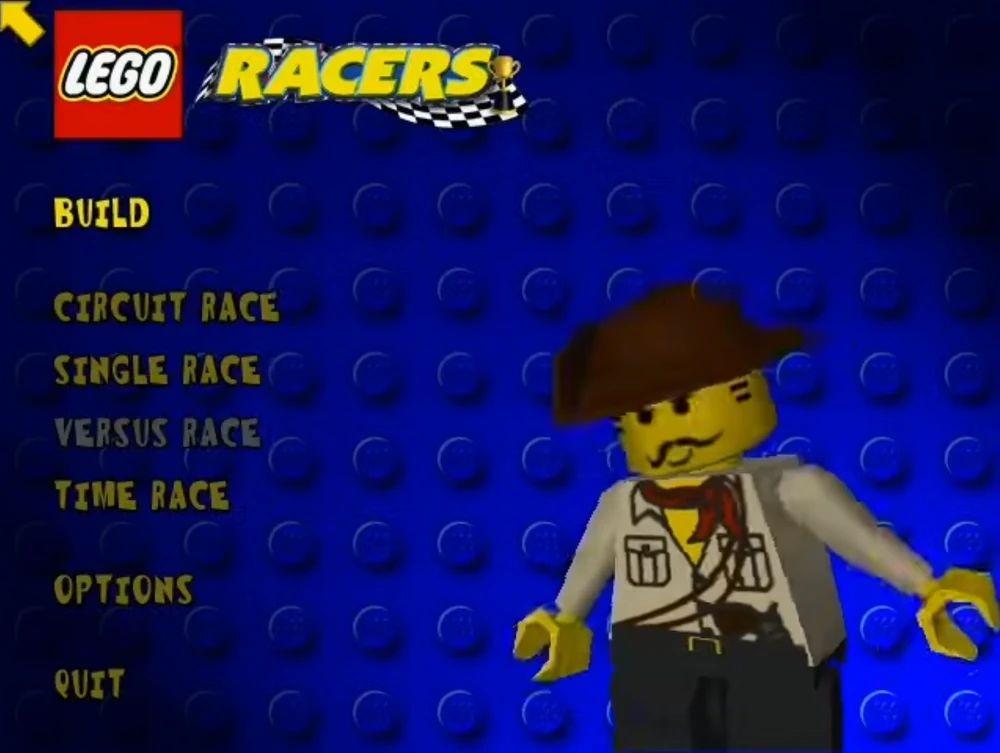 screenshot of the lego racers main menu, there are a lot of options with yellow text against a blue lego studded background and the lego character Johnny Thunder is standing with his arms stretched out to the sides