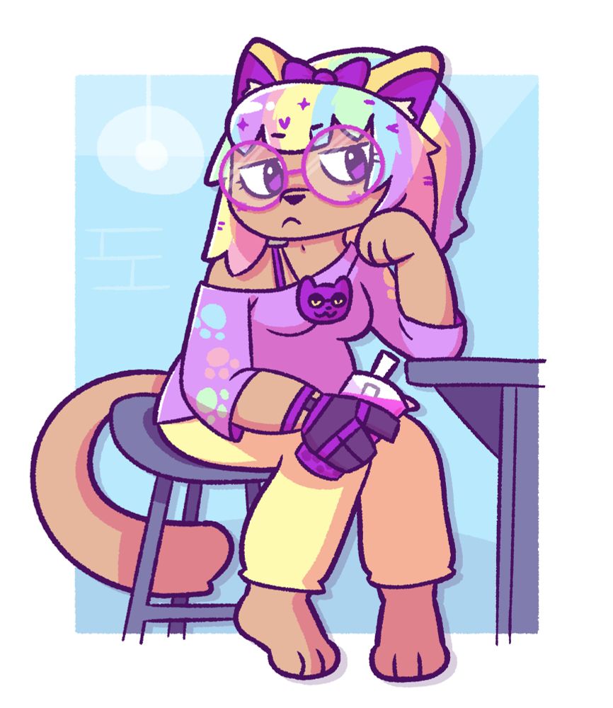 Digital drawing of an anthropomorphic feline with tan-colored fur, bright multicoloured hair, and a dark prosthetic hand with purple accents. She is wearing brightly colored leisure clothes and a purple bow, sitting at a bar with a boba tea in one hand. Her expression is one of tired annoyance.
