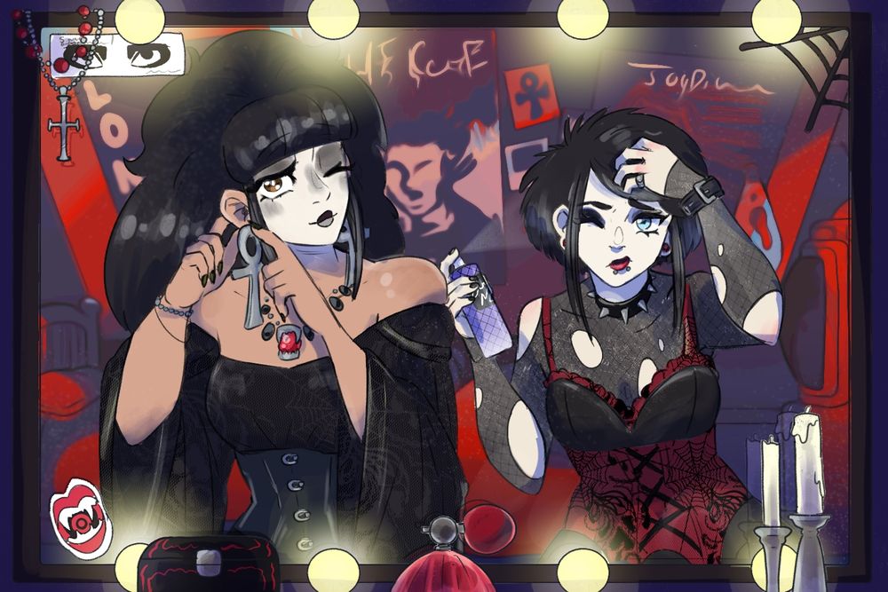 Illustration; Two women in dark gothic clothes, adjust their appearances in a mirror. Ashlynn, left, wears an elegant dress and puts on ankh earrings. Genevieve, right, wears a ripped layered outfit fiddles with some hair spray. The mirror is decorated with stickers, necklaces, candles, a jewelry box, and some perfume. Behind them is an abstracted bedroom with goth music posters on a slanted ceiling.
