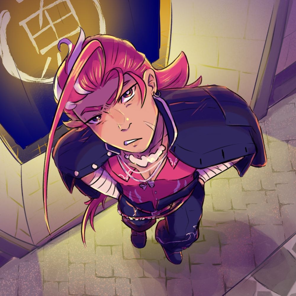 Illustration; Down angle on a man with long pink hair in a modified gakuran. He glares up at the POV and holds his hands in his pockets and stands in front of a doorway with a cloth flap with the kanji for fish for a door.